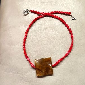 Rear Agate square brown necklace with real red coral from Italy.